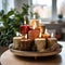 Beautiful composition of burning aromatic candles on the table, spreading their aroma during a spa treatment in a wellness room