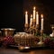 Beautiful composition of burning aromatic candles on the table, spreading their aroma during a spa treatment in a wellness room