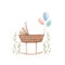 Beautiful composition with hand drawn watercolor baby cradle crib air baloons and flowers. Stock clip art illustration