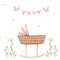 Beautiful composition with hand drawn watercolor baby cradle crib birds and flowers. Stock clip art illustration for
