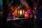 Beautiful composition with lit copper lantern, candles, purple gemstones in mystical cave. Generative AI