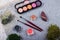 Beautiful composition: professional make-up brushes, equipment and decorative elements