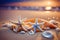 Beautiful composition of shells starfish and pebbles lying on the sand on the seashore