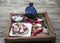 Beautiful composition of wooden trays, tapas, hot red pepper, jar with olive oil, garlic. Great background for restaurant, cafe