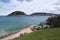 Beautiful concha bay with hill monte urgull from shore in san sebastian, spain