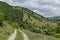 Beautiful coniferous and deciduous  forest, fresh glade with different grass, waterfall and dirt road in Balkan mountain