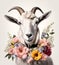 Beautiful cool goat portrait with flowers on head, AI