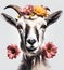 Beautiful cool goat portrait with flowers on head, AI