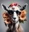 Beautiful cool goat portrait in sunglasses with flowers on head, AI