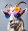 Beautiful cool goat portrait in sunglasses with flowers on head, AI