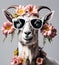 Beautiful cool goat portrait in sunglasses with flowers on head, AI