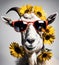 Beautiful cool goat portrait in sunglasses with flowers on head, AI