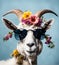 Beautiful cool goat portrait in sunglasses with flowers on head, AI