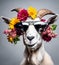 Beautiful cool goat portrait in sunglasses with flowers on head, AI