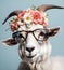 Beautiful cool goat portrait in sunglasses with flowers on head, AI