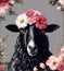 Beautiful cool sheep portrait with flowers on head, AI