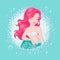 Beautiful coral hair mermaid on a trend, turquoise background. Cute Mermaid in glitter frame, for t shirts or kids fashion