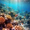 Beautiful coral reef with colorful tropical fish in the water. Vivid Underwater world with corals and tropical fish