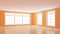 Beautiful Corner of the Room with Orange Walls, Three Windows, Light Parquet