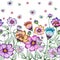 Beautiful cosmos flowers with green leaves on white background. Seamless floral pattern. Watercolor painting.