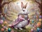 Beautiful costumed Easter bunny in the forest with colorful eggs