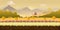 Beautiful countryside farm background for games with green mountains, farm house, and wooden fence with seamless