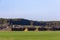 Beautiful countryside landscape: green field, a farm with thatched haystacks, forest and clear blue sky