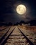 Beautiful countryside Railroad with Milky Way star in night skies, full moon