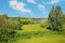 Beautiful countryside rural belgian landscape, green meadow and trees, lake, blue sky fluffy clouds - Maaseik, Belgium