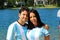Beautiful couple with argentine jerseys celebrating soccer world cup 2018