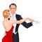 Beautiful couple in art deco style dancing tango. Retro fashion: glamour man and woman of twenties. Vector illustration. Flapper