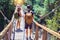 Beautiful couple of hiker wearing explorer clothes and  backpack