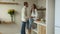 Beautiful couple talk in kitchen, pregnant shooting