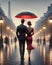 A Beautiful Couple Walking Strolling Evening City Street Raining Red Umbrella AI Generated