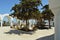 Beautiful Courtyard Of The Church Of Fira On The Island Of Santorini. Travel, Cruises, Architecture, Landscapes.