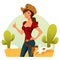 beautiful cowgirl in jeans and cowboy hat, smiling and giving thumbs up. Simple desert or prairie background