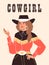 Beautiful cowgirl vector poster, vintage swag cowgirl, woman dressed in retro wild west style hat, western girl portrait