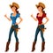 beautiful cowgirl wearing jeans, smiling and giving thumbs up