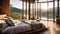 Beautiful cozy bedroom an eco house in nature, river windows trees luxury relaxation