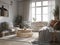 Beautiful cozy beige scandinavian living room with wooden furniture. Generative AI