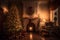 Beautiful cozy Christmas interior with a fireplace. Neural network AI generated