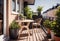 Beautiful cozy design of balcony or terrace with wooden floor, chair and green plants in pots. Cozy relaxation area at home