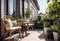 Beautiful cozy design of balcony or terrace with wooden floor, chair and green plants in pots. Cozy relaxation area at home