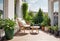 Beautiful cozy design of balcony or terrace with wooden floor, chair and green plants in pots. Cozy relaxation area at home