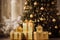 Beautiful cozy New Year Xmas eve house room interior big decorated shiny garland gold balls ornaments Christmas tree