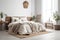 Beautiful cozy Scandinavian bedroom with wooden frame bed and interior decorations. Generative Ai