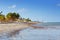 Beautiful Crandon Park Beach located in Key Biscayne in Miami, Florida, USA. Palms, white sand and security house