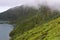 The beautiful crater of Lake Lagoa do Fogo in the stratovolcano Agua de Pau Massiva in the center of the island of San Miguel