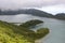 The beautiful crater of Lake Lagoa do Fogo in the stratovolcano Agua de Pau Massiva in the center of the island of San Miguel