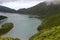 The beautiful crater of Lake Lagoa do Fogo in the stratovolcano Agua de Pau Massiva in the center of the island of San Miguel
